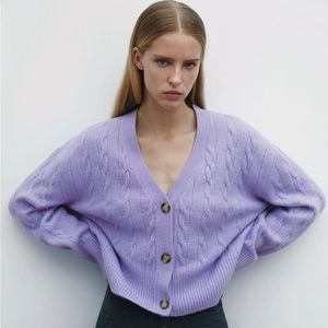 ZARA Lavender Cable-Knit Cardigan Size Small